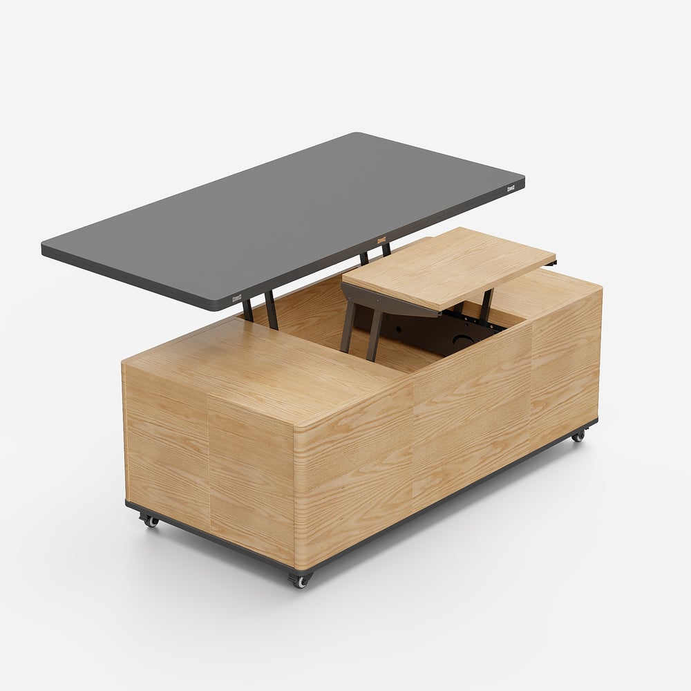 Mesa de café elevatória multifuncional moderna com 3 gavetas, em natural e preto Imagem da janela