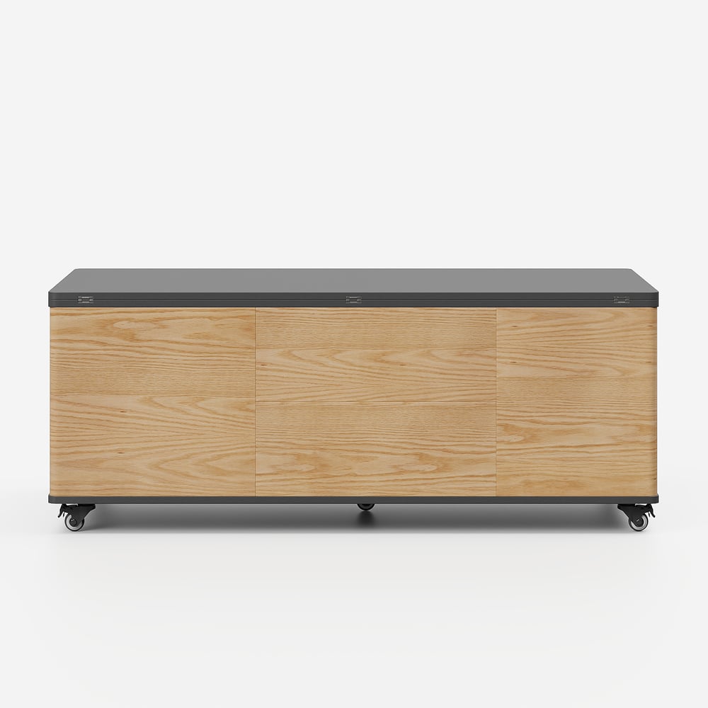 Mesa de café elevatória multifuncional moderna com 3 gavetas, em natural e preto Imagem da janela