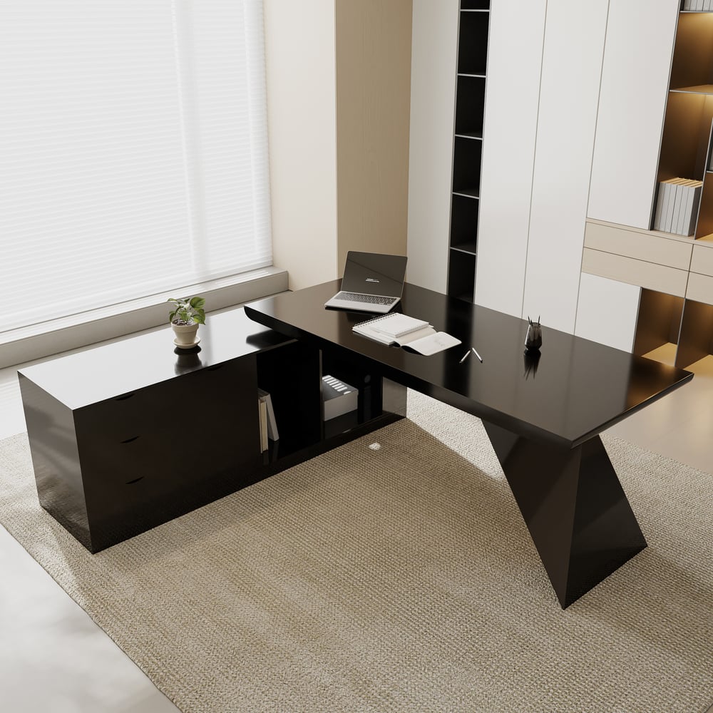 Modern Black L-Shape Executive Desk with Drawers & Cabinet Left Hand (70.9")