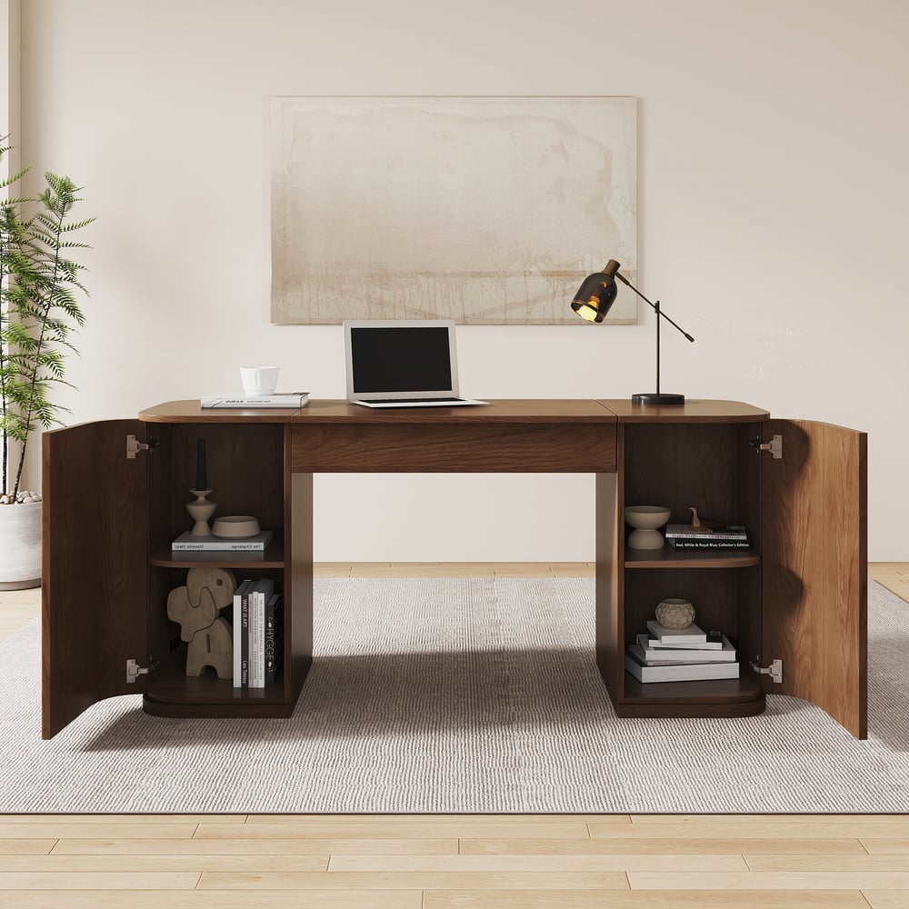 Modern Walnut Standing Computer Desk & Upholstered Swivel Task Chair Set (59.8" ) window image