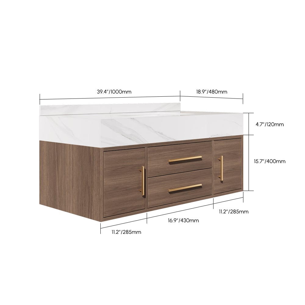 39.3" Walnut Bathroom Vanity & LED Medicine Cabinet Set weights dimensions image