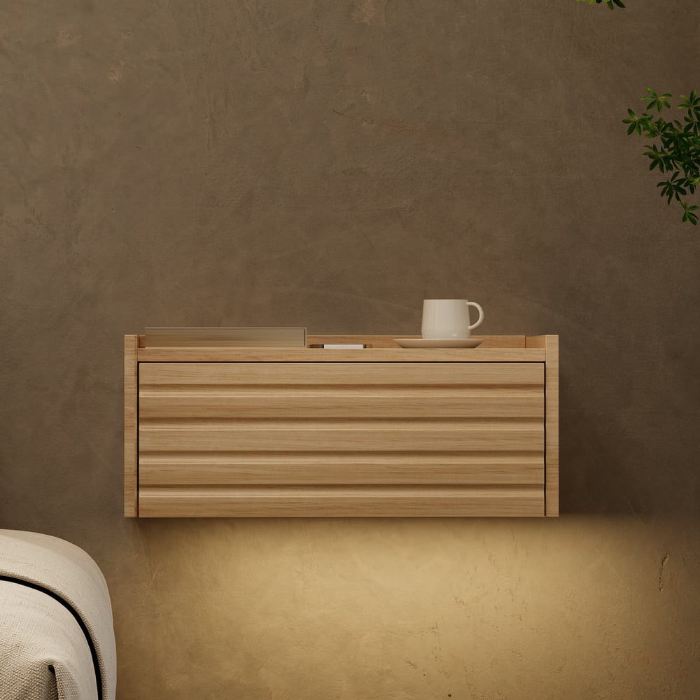 Floating Wooden Nightstand with Light & Charging Japanese Style Natural 180cm*200cm Bed window image