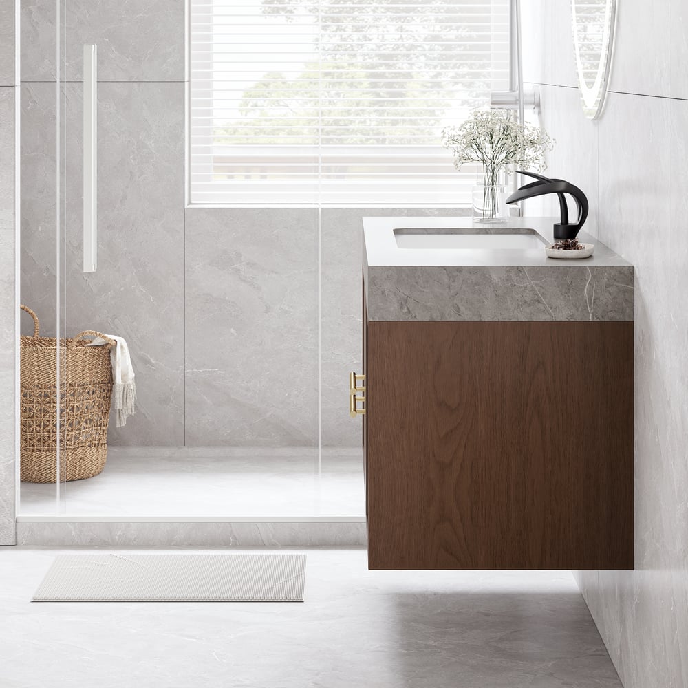 Questions et Réponses pour Vasque flottante de 900 mm avec lavabo en pierre frittée et 2 tiroirs