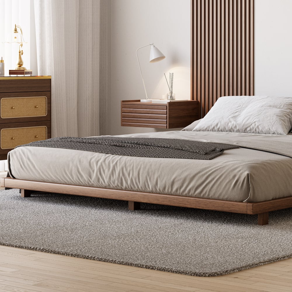 Japanese Style King Low Bed Frame Walnut Floor Bed & Floating Wooden Nightstands Set window image