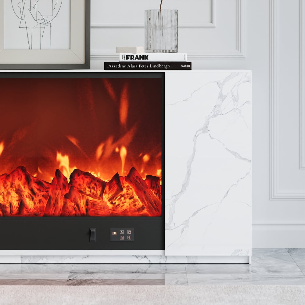 TV cabinet with electric fireplace in sintered stone sheet, 200 cm, white color window image