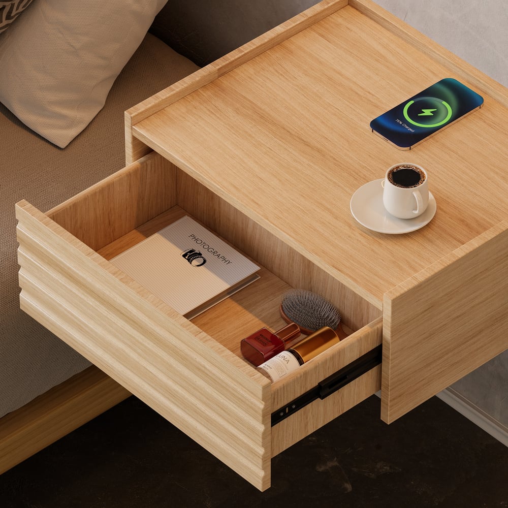 Floating Wooden Nightstand with Light & Charging Japanese Style Natural 180cm*200cm Bed window image