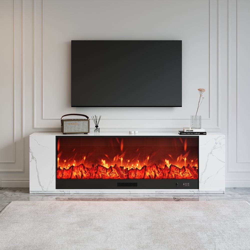 TV cabinet with electric fireplace in sintered stone sheet, 200 cm, white color window image