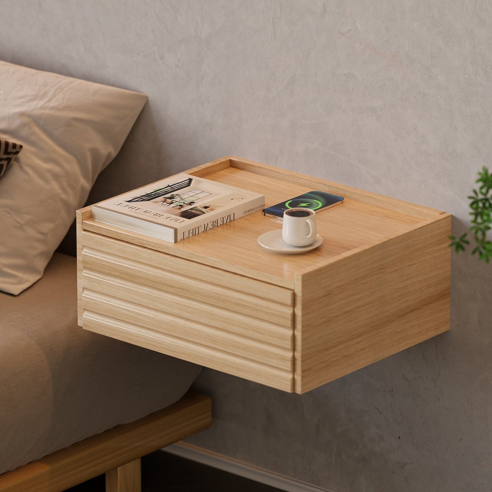 Floating Wooden Nightstand with Light & Charging Japanese Style Natural 180cm*200cm Bed window image