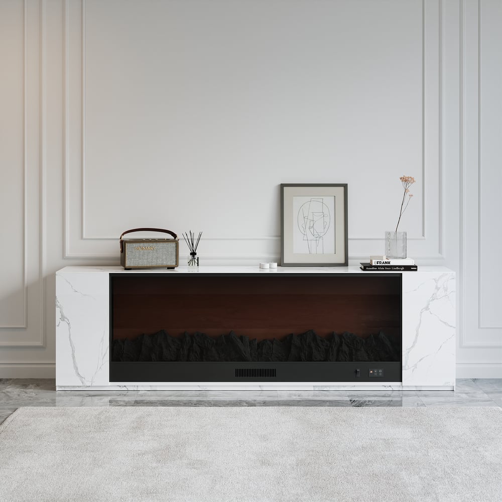 TV cabinet with electric fireplace in sintered stone sheet, 200 cm, white color window image