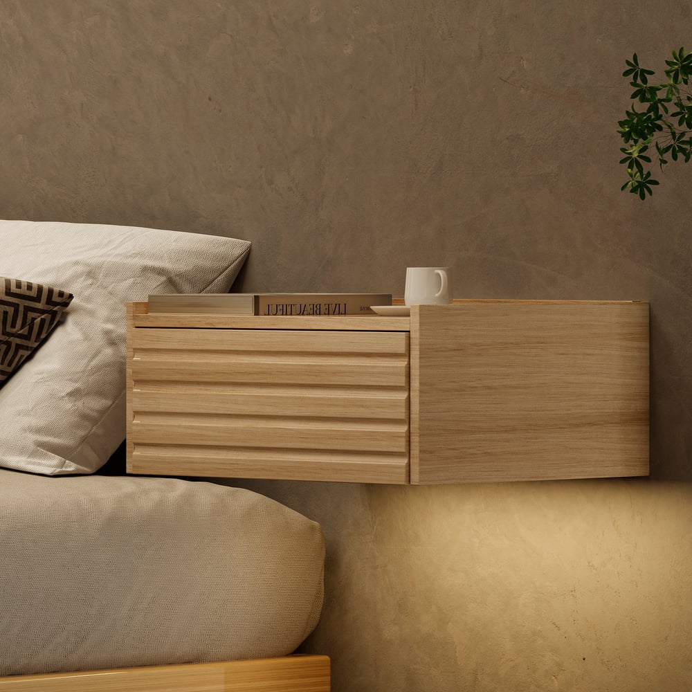 Floating Wooden Nightstand with Light & Charging Japanese Style Natural 180cm*200cm Bed window image