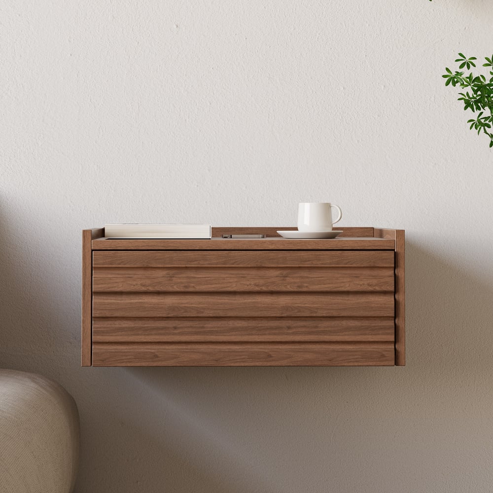 Japanese Style King Low Bed Frame Walnut Floor Bed & Floating Wooden Nightstands Set window image