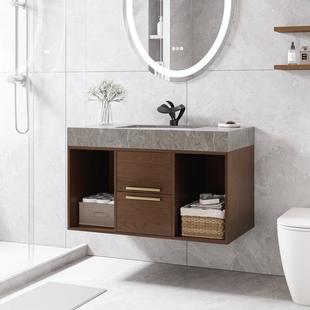 Questions et Réponses pour Vasque flottante de 900 mm avec lavabo en pierre frittée et 2 tiroirs