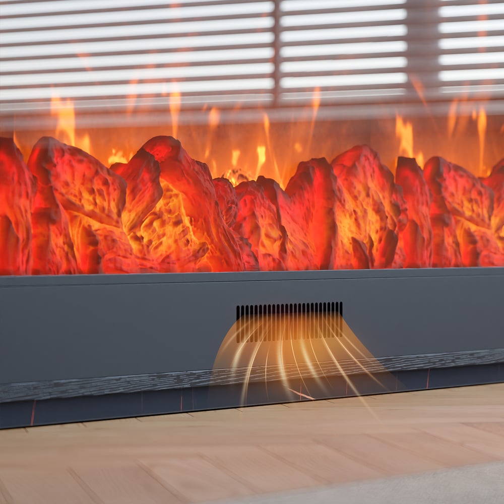 Meuble TV 180 cm avec cheminée électrique en noir image de fenêtre