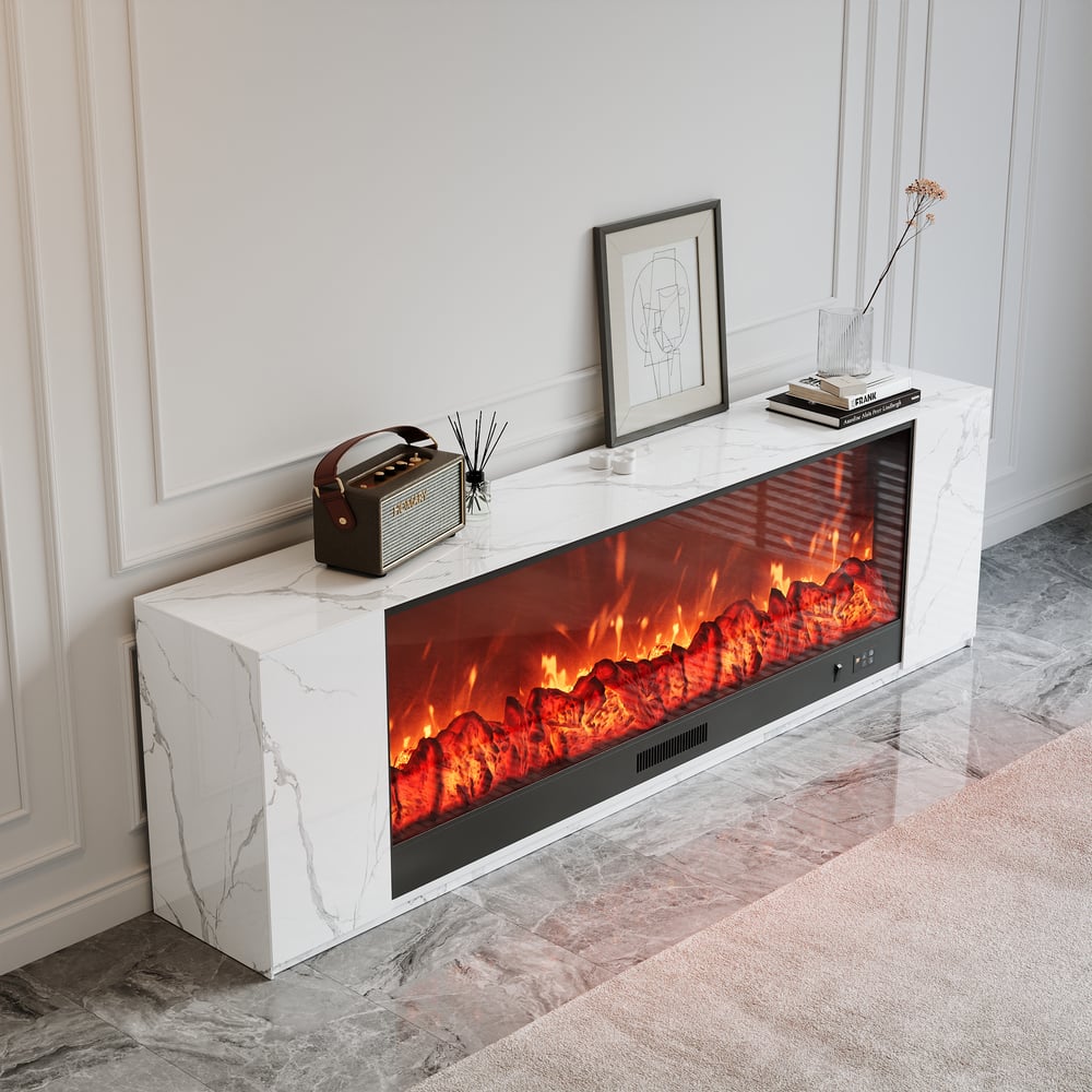 TV cabinet with electric fireplace in sintered stone sheet, 200 cm, white color window image