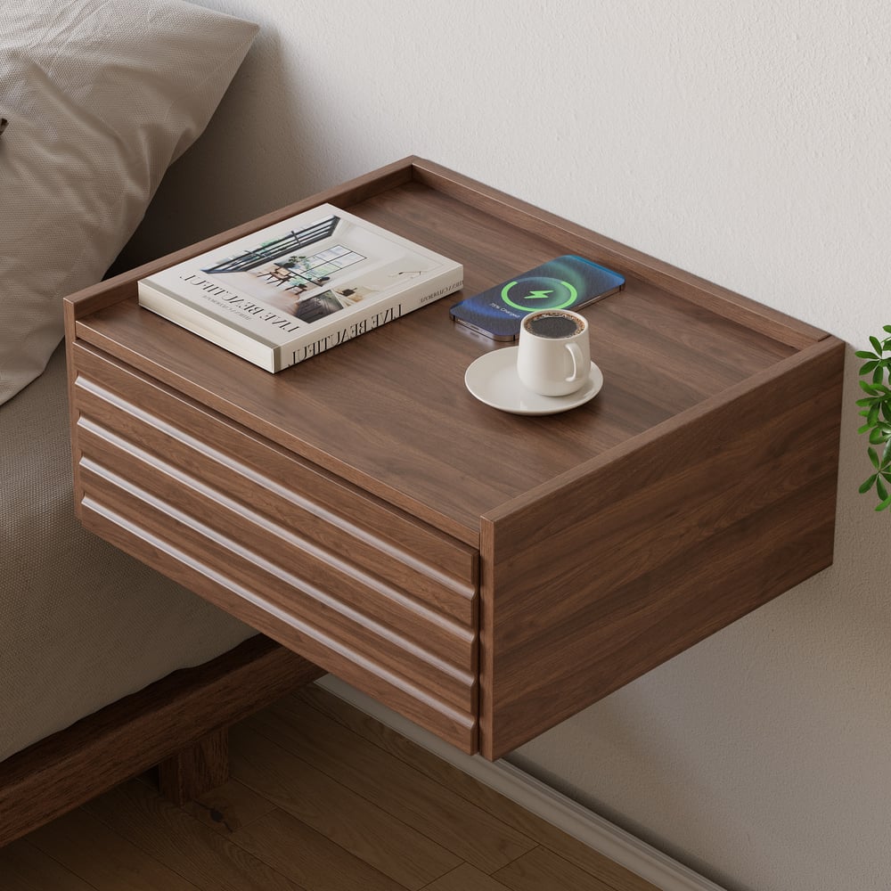 Japanese Style King Low Bed Frame Walnut Floor Bed & Floating Wooden Nightstands Set window image