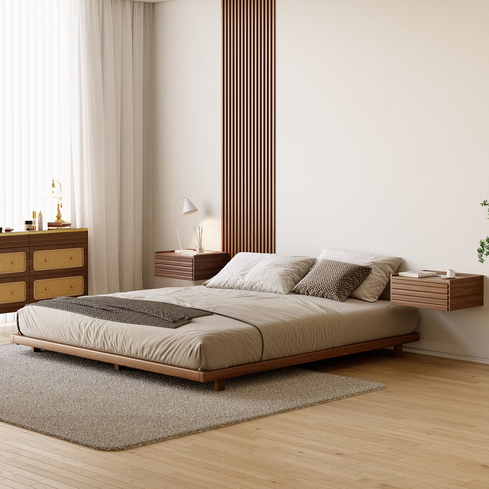 Japanese Style King Low Bed Frame Walnut Floor Bed & Floating Wooden Nightstands Set window image