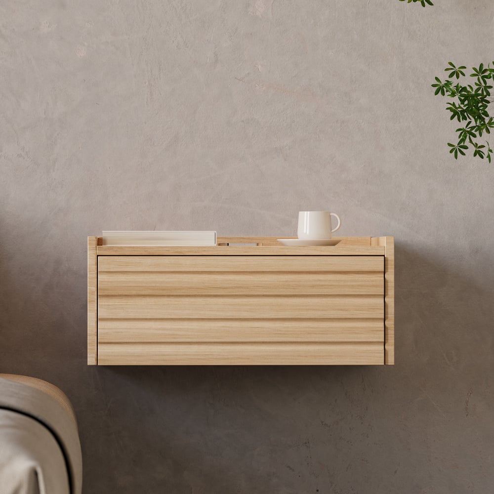 Floating Wooden Nightstand with Light & Charging Japanese Style Natural 180cm*200cm Bed window image