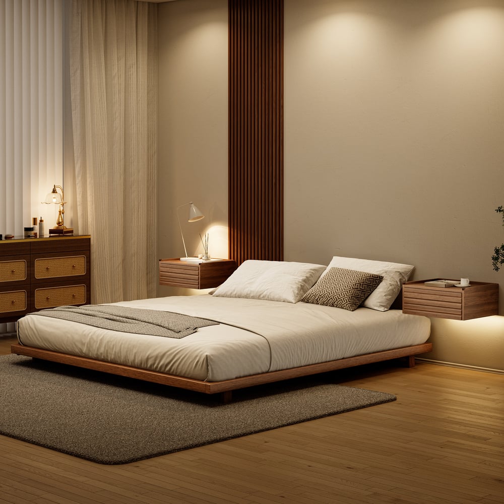 Japanese Style King Low Bed Frame Walnut Floor Bed & Floating Wooden Nightstands Set window image