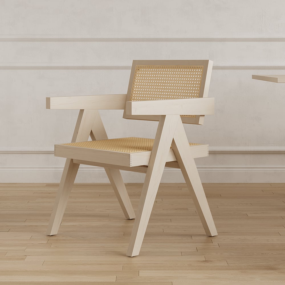 Archic Japandi Bleached Wood Rattan Dining Chair with Solid