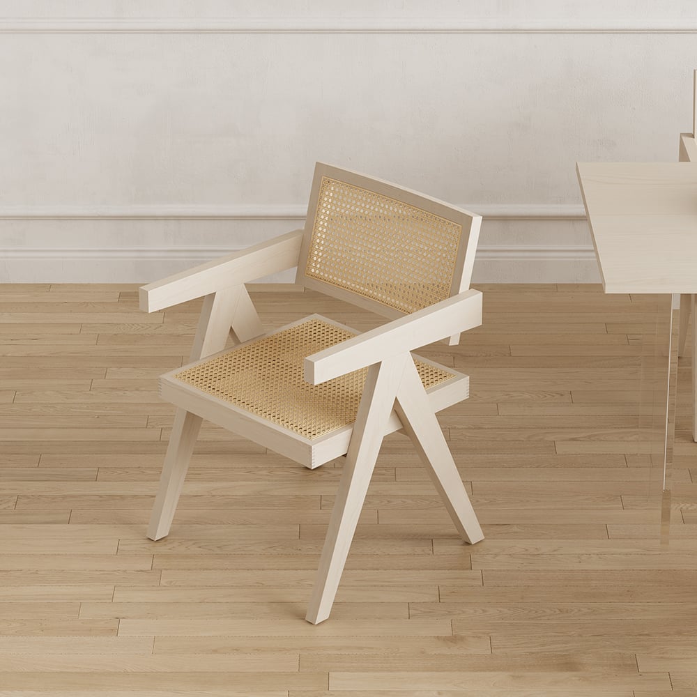 Arhic Japandi Bleget trærattan spisestol med massivt træramme 4-stykker Vinduebillede