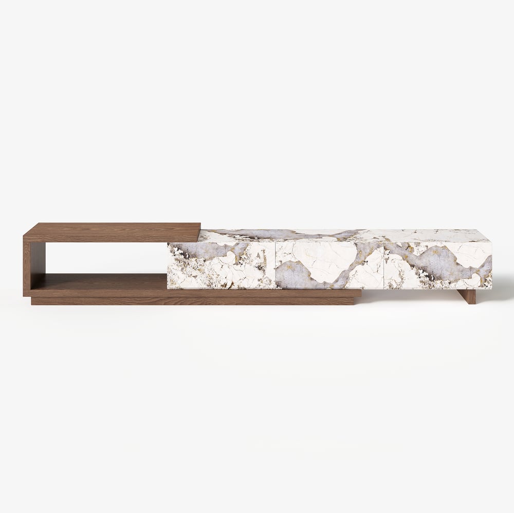 Quoint extendable TV cabinet with sintered stone top of 179 - 255 cm in walnut color window image