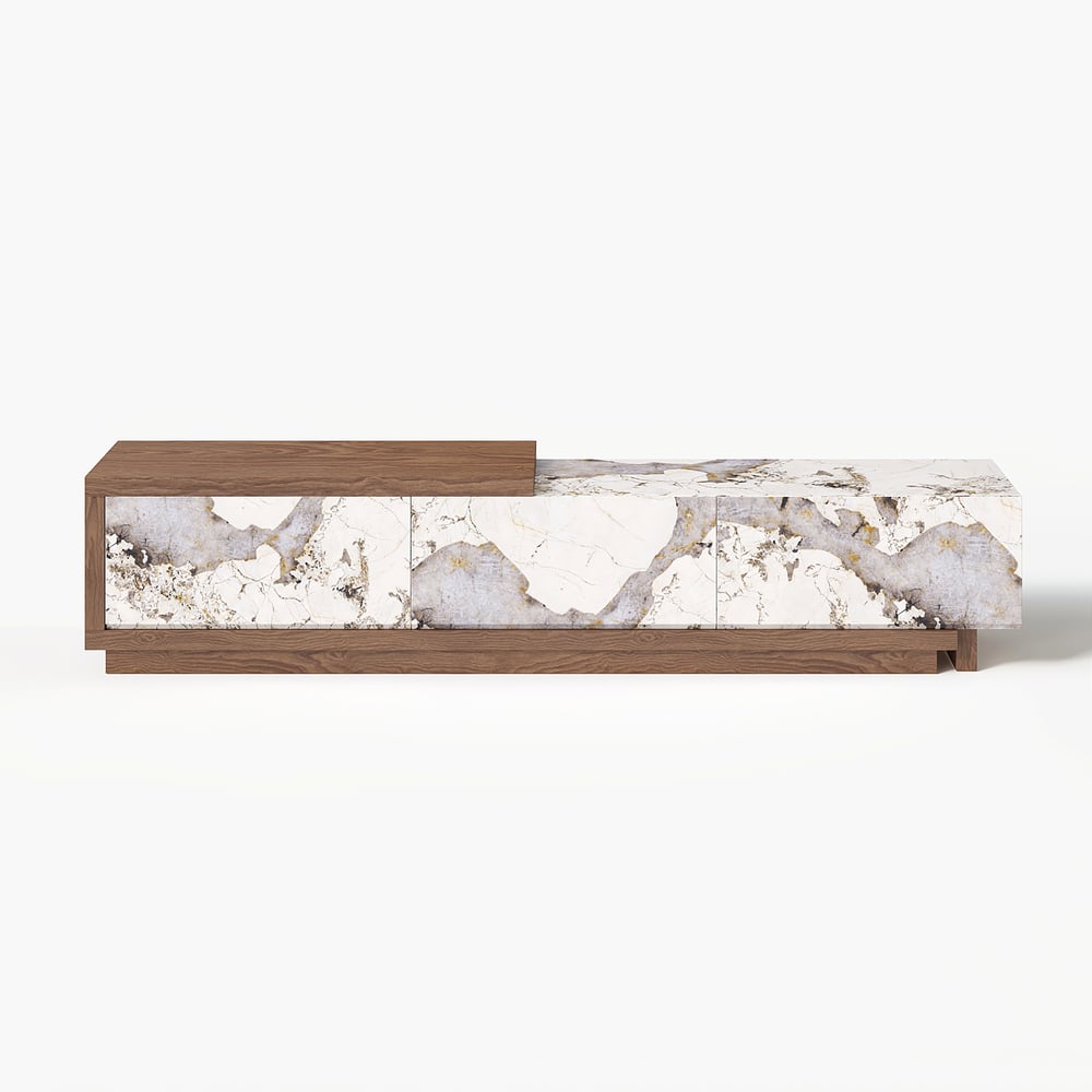 Quoint extendable TV cabinet with sintered stone top of 179 - 255 cm in walnut color window image