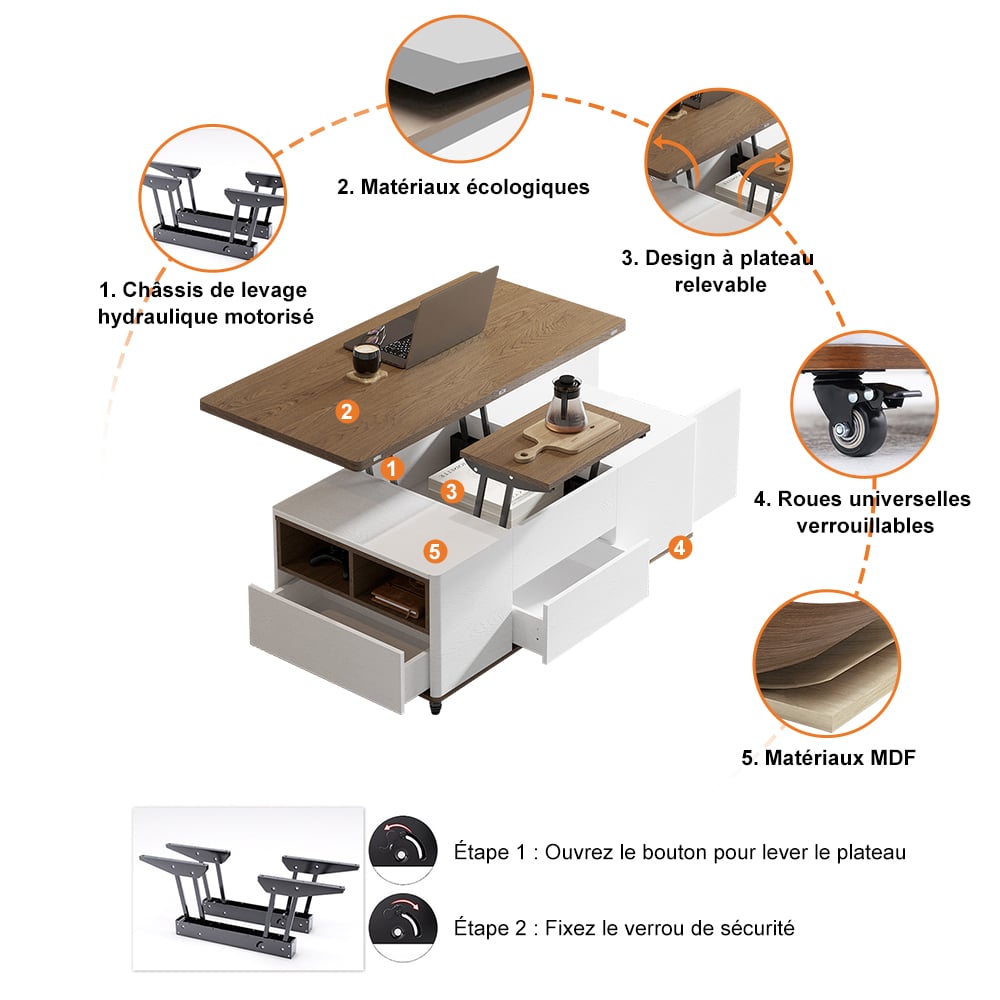 Nowoczesny stolik kawowy o regulowanej wysokości z pokrywką na zawiasach i 3 szufladami w kolorze białym i orzechowym obraz okna