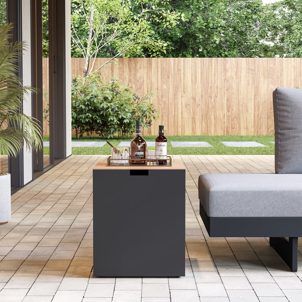 Zahradní ohniště na zahradní stůl se sadou krytu plynové láhve z nerezové oceli obrázek okna