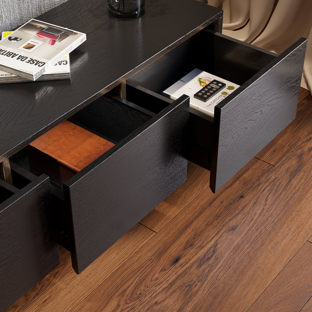 Meuble TV extensible Crator avec 3 tiroirs de 120 cm en noir et noyer image de fenêtre