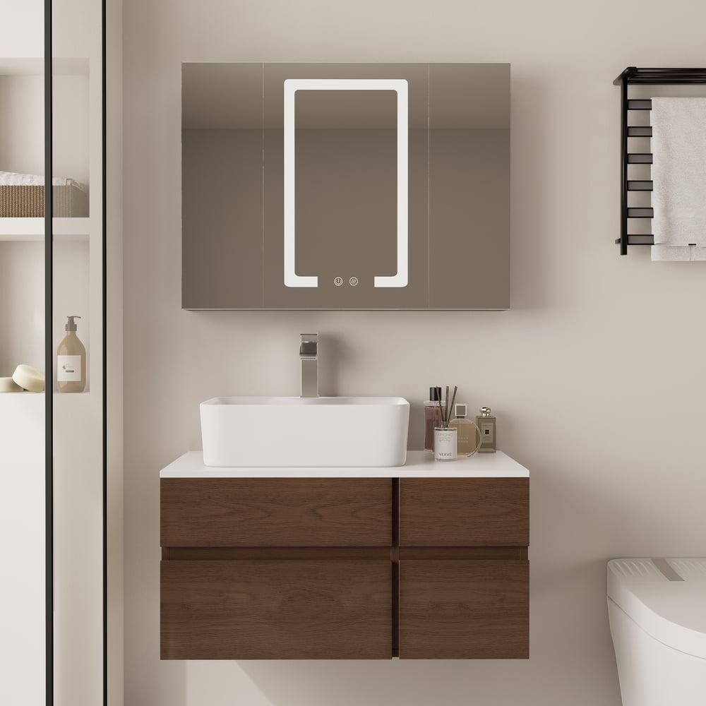 Modern 80 cm Floating Single Bathroom Vanity with Stone Resin Top, Ceramic Basin window image