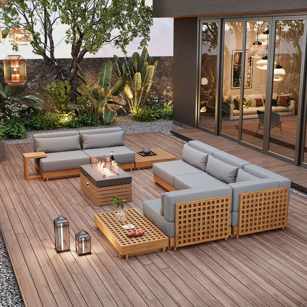 10 Pieces Premium Teak Modular L Shaped Outdoor Sofa Set With Fire Pit 