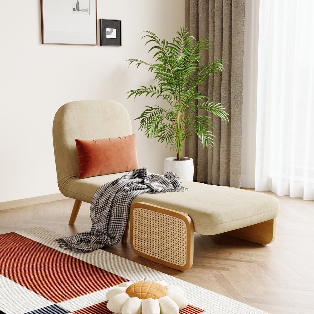 Fauteuil van beige fluweel en rotan Vensterafbeelding