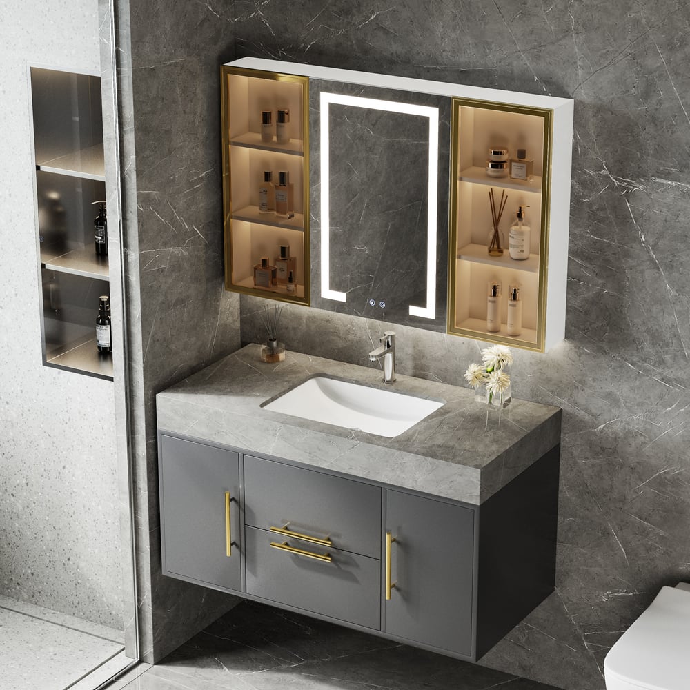 40" Wooden Framed Medicine Cabinet LED Mirror with doors Wall-mounted  window image