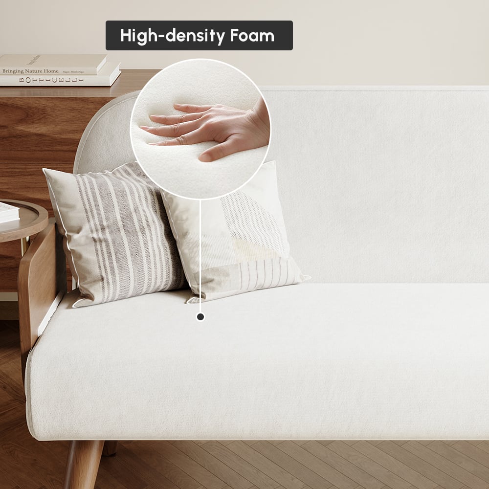 Sofá-cama estofado de 3 lugares em tecido de veludo com bandeja - branco Imagem da janela