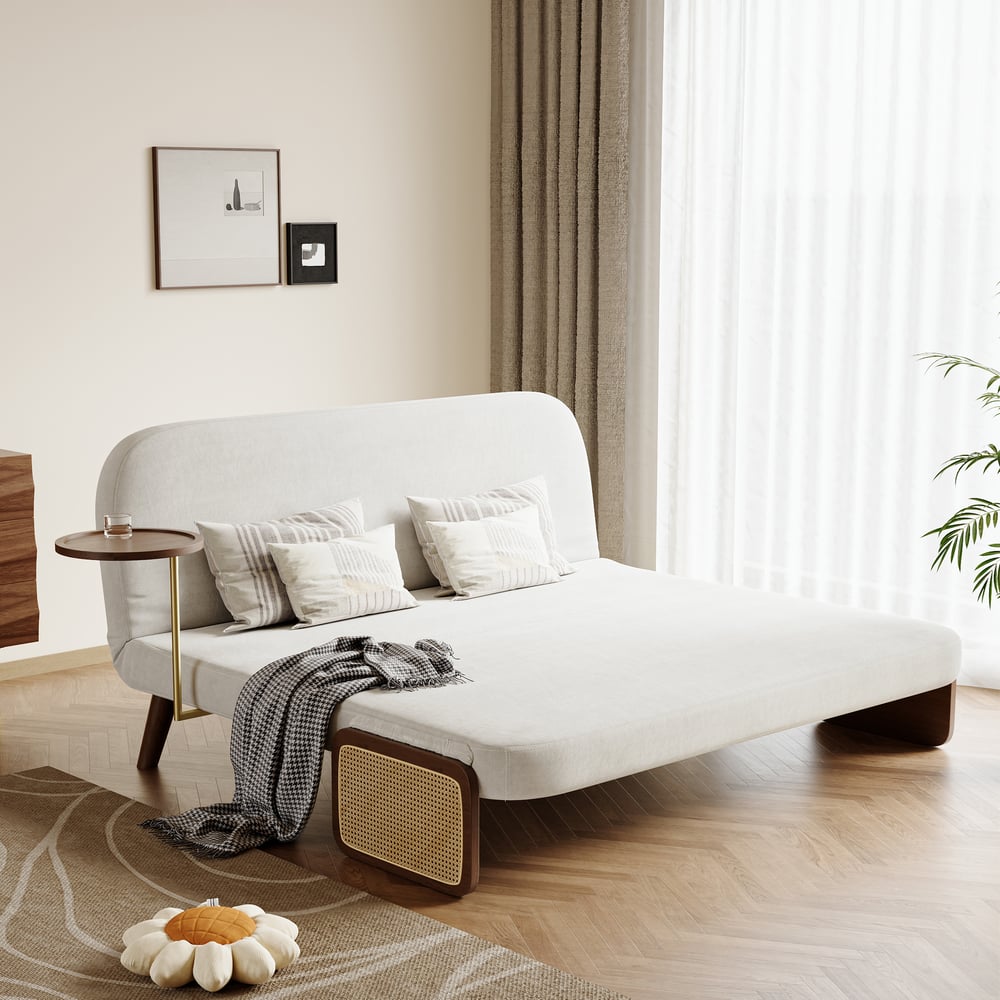 Sofá-cama estofado de 3 lugares em tecido de veludo com bandeja - branco Imagem da janela