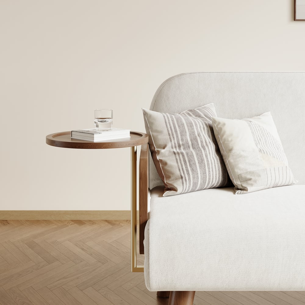 Sofá-cama estofado de 3 lugares em tecido de veludo com bandeja - branco Imagem da janela