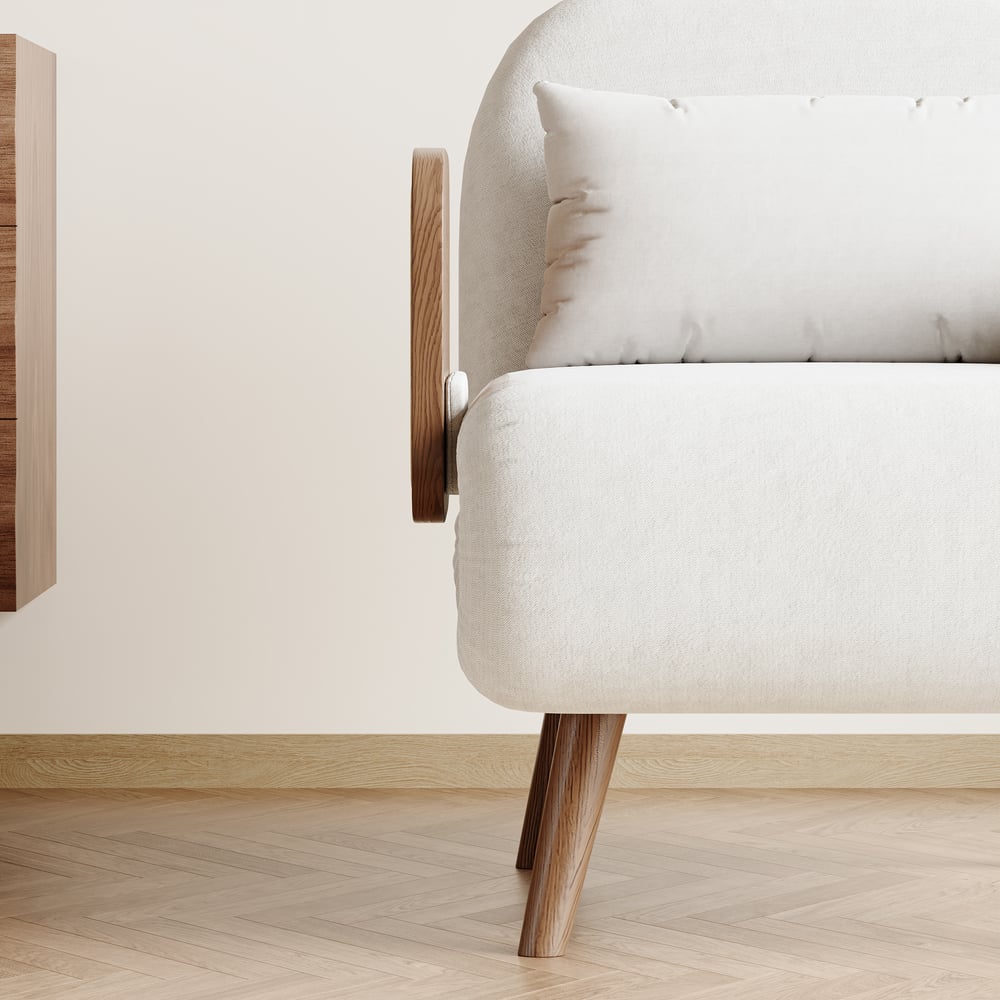 Čalouněná 1-místná rozkládací pohovka ze sametové tkaniny - bílá obrázek okna