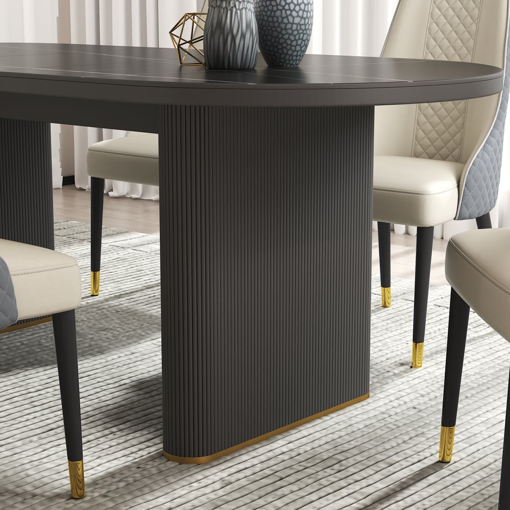 79"-95" Oval Extendable Sintered Stone Top Dining Table Black Seats 8-10 window image