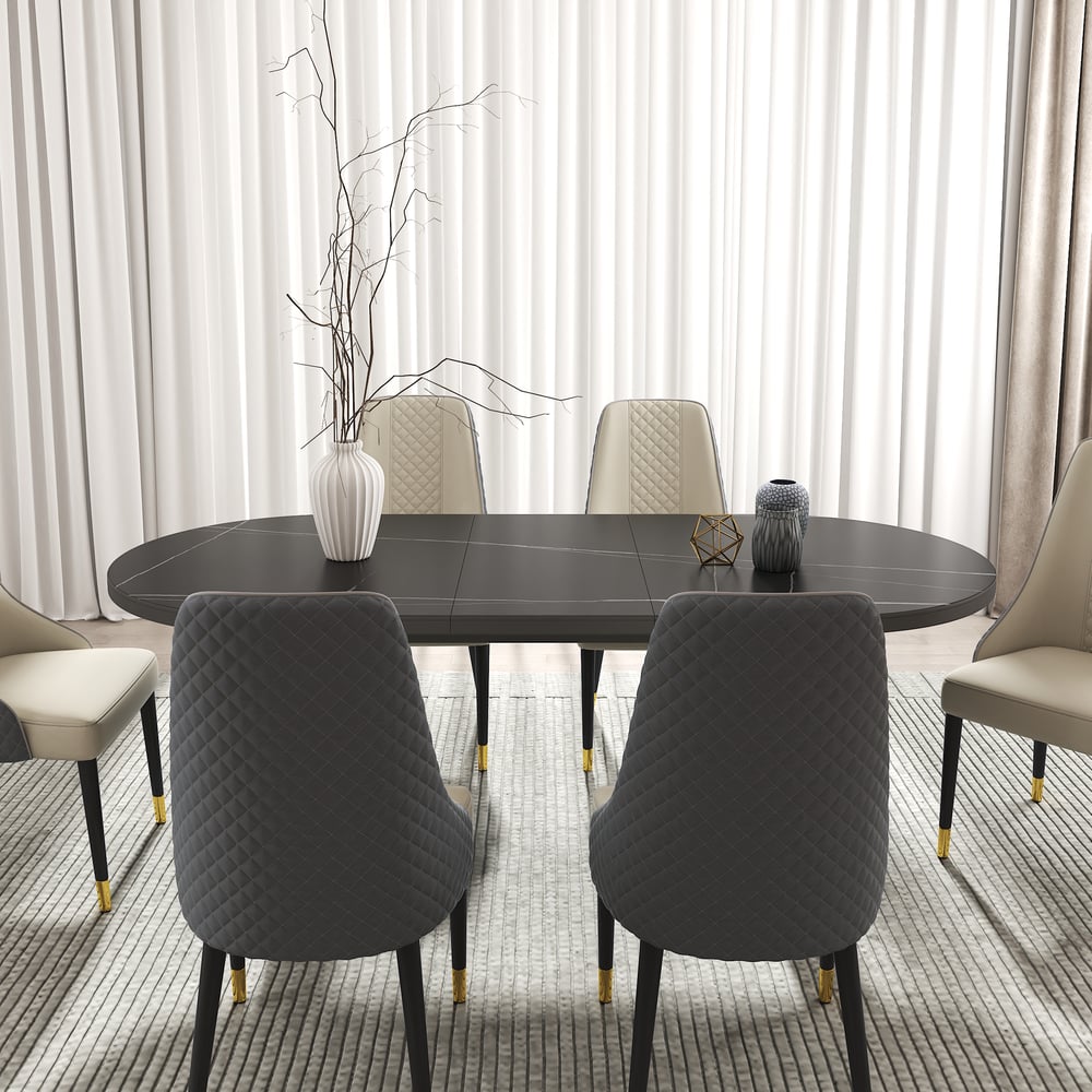 79"-95" Oval Extendable Sintered Stone Top Dining Table Black Seats 8-10 window image