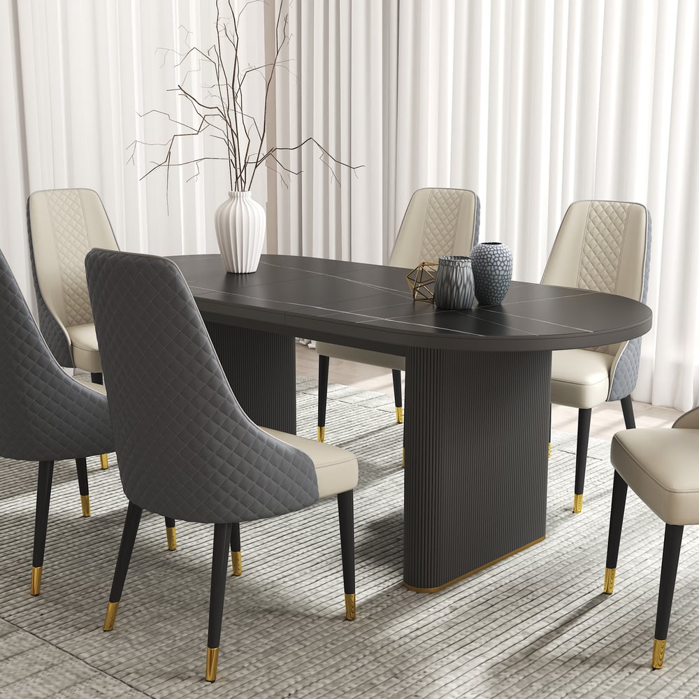 79"-95" Oval Extendable Sintered Stone Top Dining Table Black Seats 8-10 window image