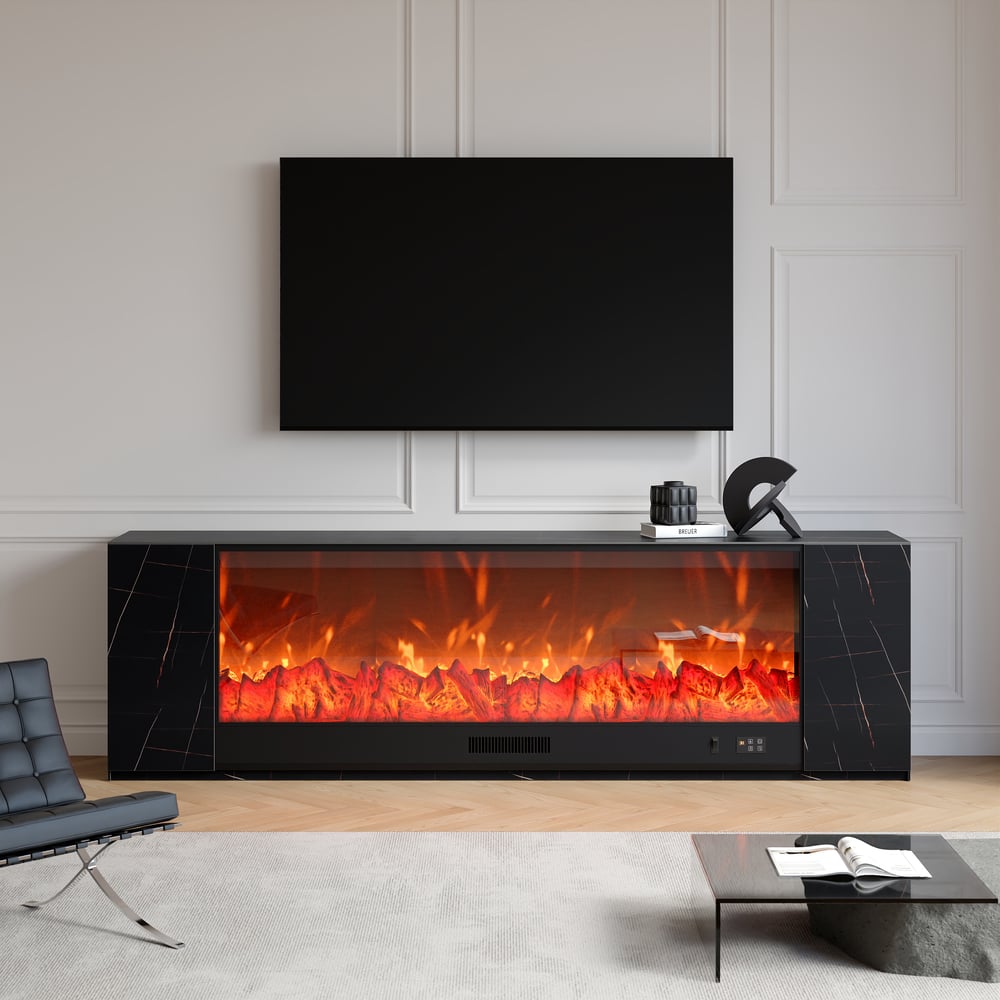 87" Sintered Stone Electric Fireplace TV Stand & Coffee Table Set window image