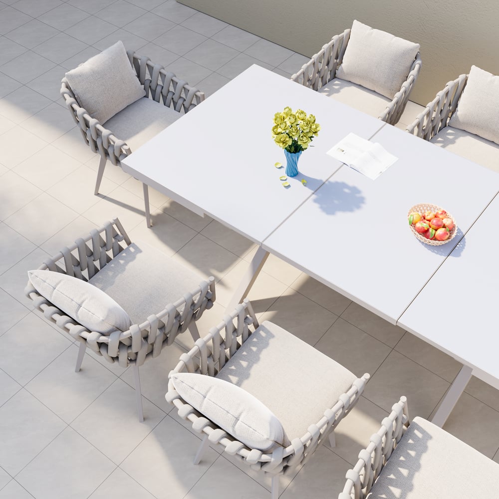 Ensemble de salle à manger d'extérieur extensible en marbre blanc 9 pièces avec fauteuils tissés (1630 mm-2140 mm) image de fenêtre