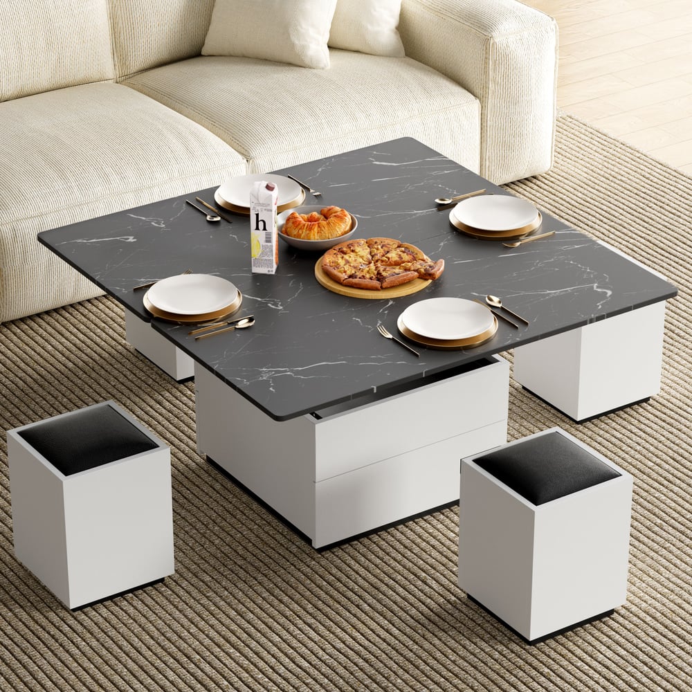 Moderne in hoogte verstelbare salontafel van gesinterde steen met laden, 120 cm Vensterafbeelding