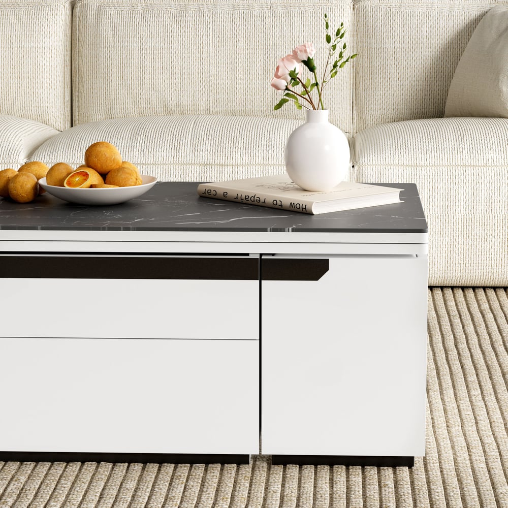 Moderne in hoogte verstelbare salontafel van gesinterde steen met laden, 120 cm Vensterafbeelding