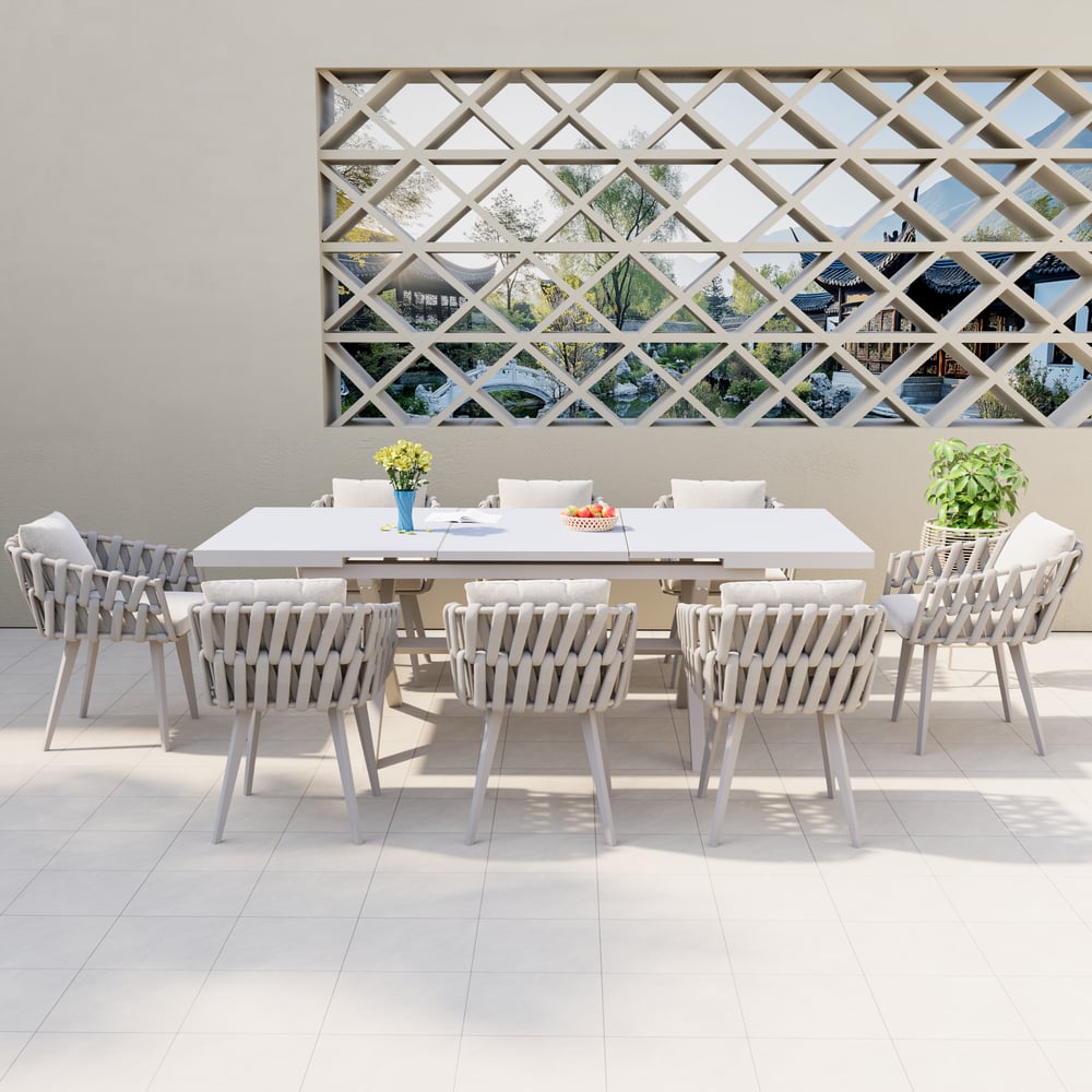 Ensemble de salle à manger d'extérieur extensible en marbre blanc 9 pièces avec fauteuils tissés (1630 mm-2140 mm) image de fenêtre