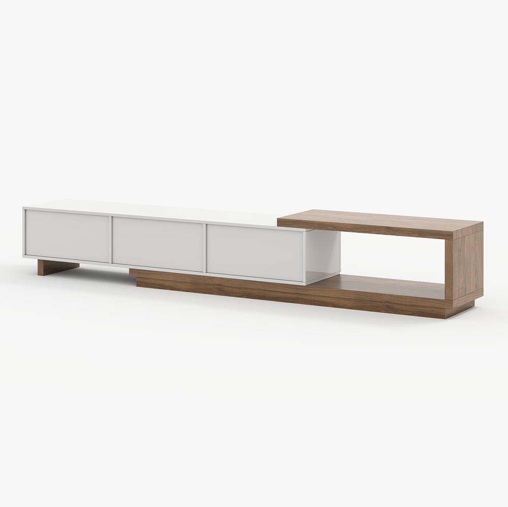 Mueble TV Quoint extensible con 3 cajones de 179 cm a 255 cm en color blanco y nogal