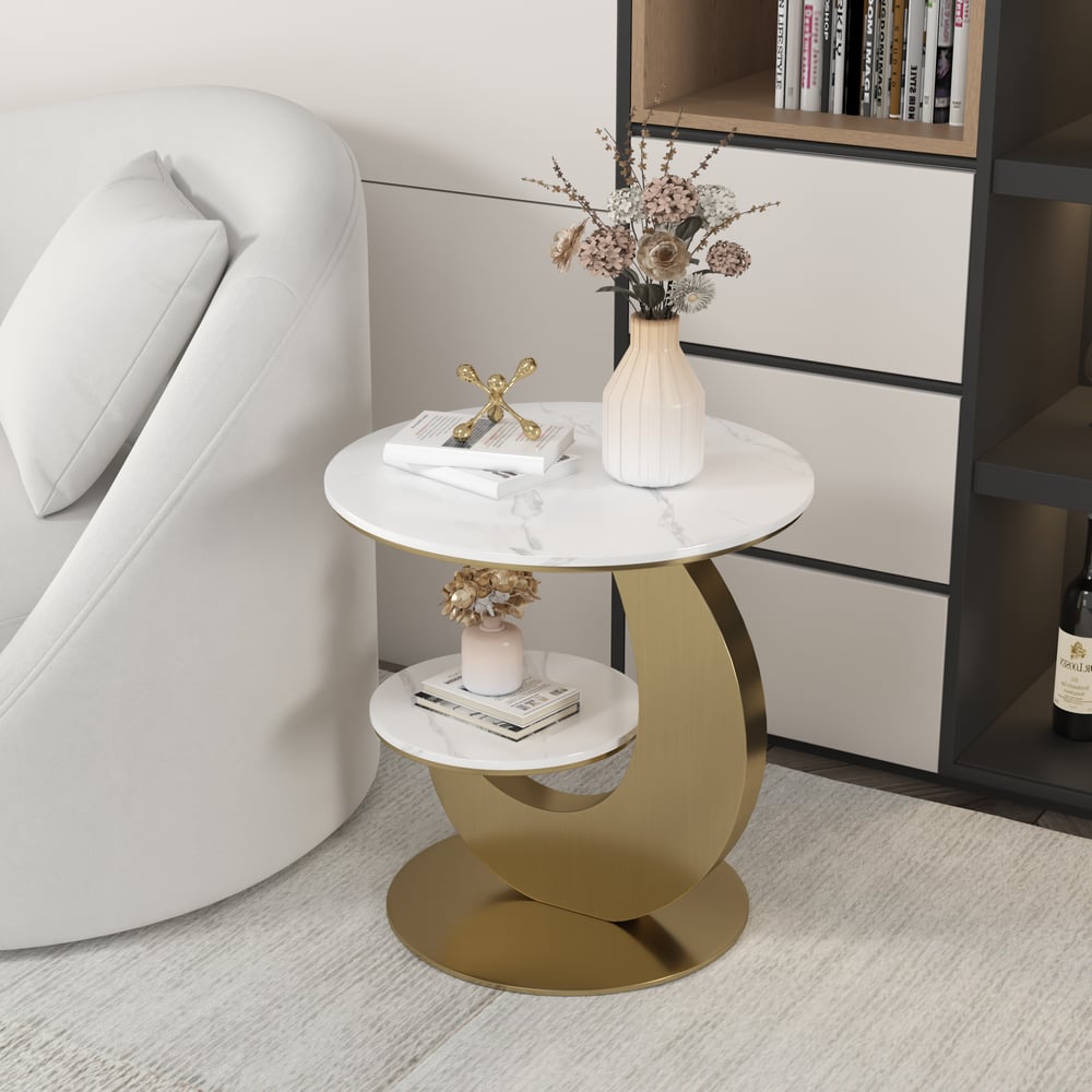 Modern 20" White Round Sintered Stone End Table with 2 Tiers window image