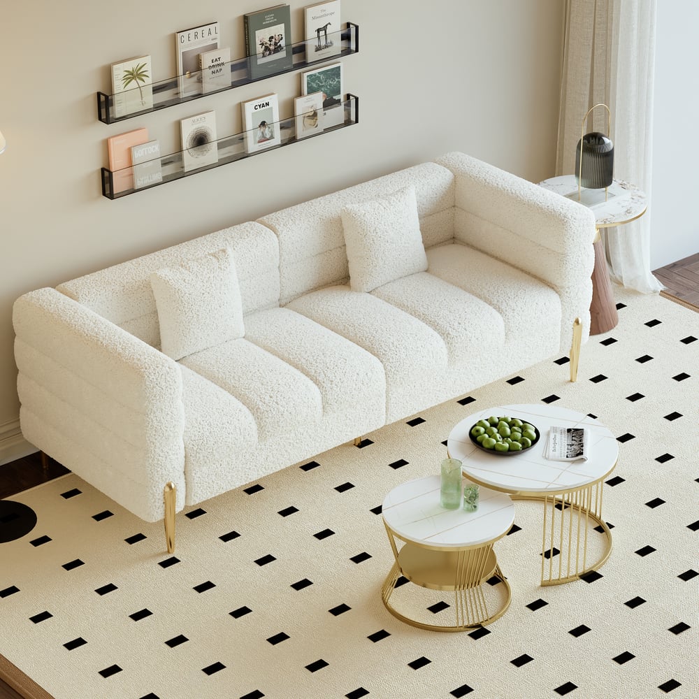 Aurora 79" Boucle Fluted Sofa Set with Round 2-Piece Nesting Coffee Table window image