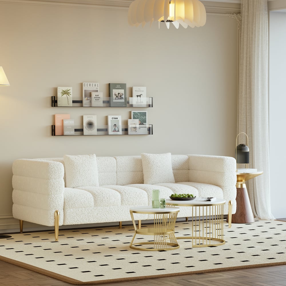 Aurora 79" Boucle Fluted Sofa Set with Round 2-Piece Nesting Coffee Table window image