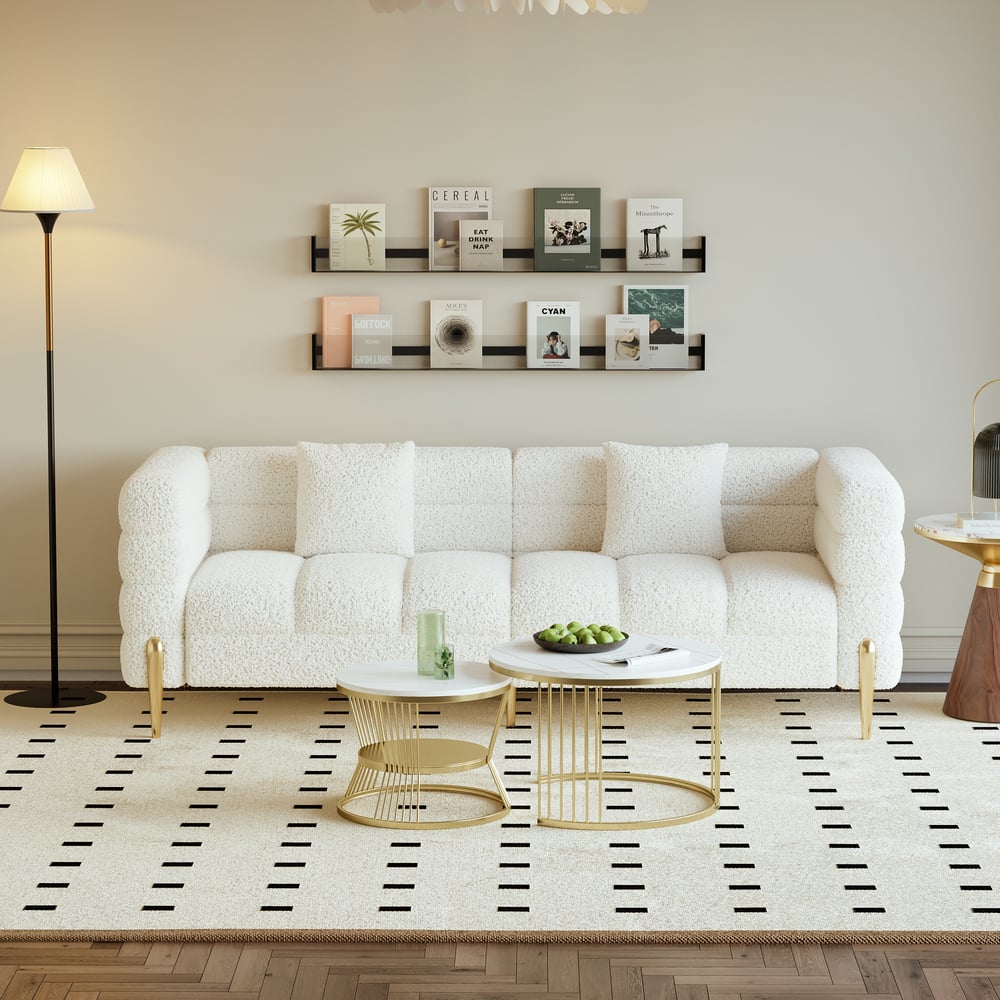 Aurora 79" Boucle Fluted Sofa Set with Round 2-Piece Nesting Coffee Table window image